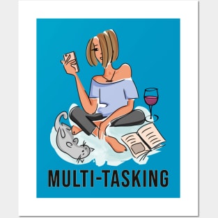 Multitasking girl with wine, books, cell phone and her cat! Posters and Art